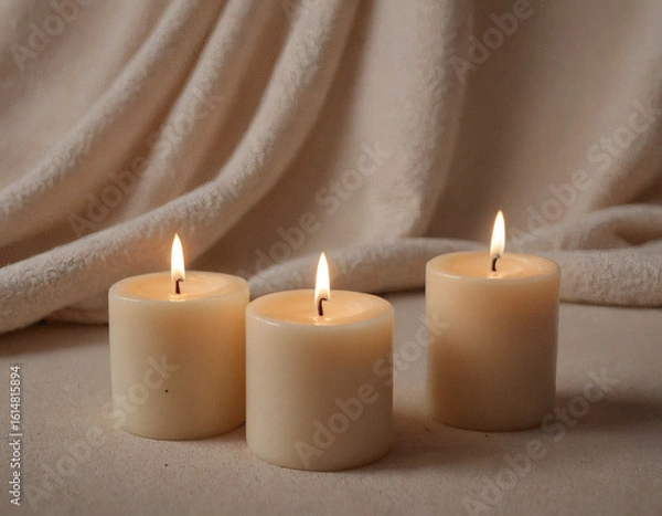 Fototapeta Three lit beige candles with soft fabric backdrop, spa ambiance