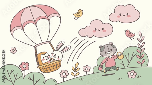 Fototapeta Cartoon scene with a baby and bunny in a hot air balloon and a tiger walking in a field with flowers