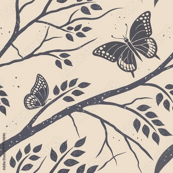 Obraz Seamless Vector Pattern with Flying Butterfly Silhouettes and Stylized Branch Illustrations
