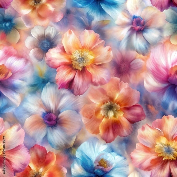 Obraz Colorful Floral Symphony: A vibrant tapestry of blossoming flowers, bursting with a rich palette of hues. Soft petal and rich colour give it a dreamy effect