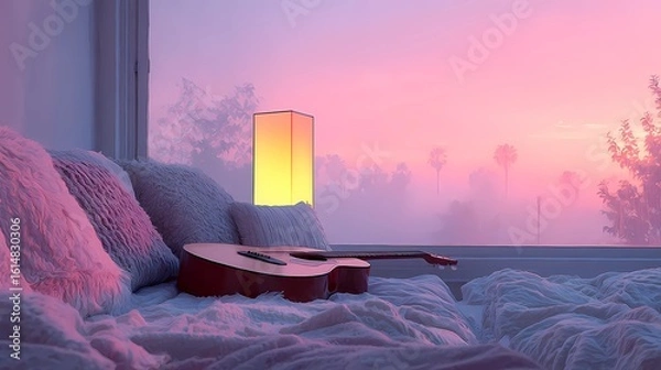 Fototapeta Still life of a guitar nestled on a cushioned seat, combining musical presence with a soft, calm setting.