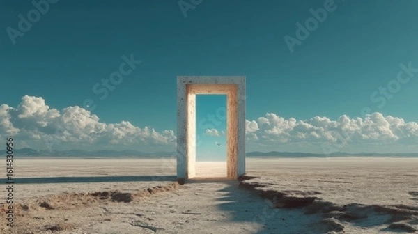 Fototapeta A solitary doorframe stands in a vast desert under a bright sky filled with scattered clouds, symbolizing mystery and opportunity.