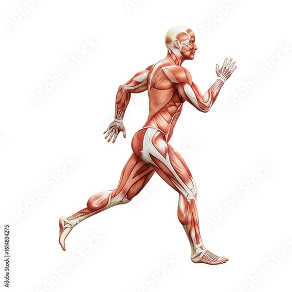 Fototapeta Detailed anatomical illustration of a human figure in motion showcasing muscular structure during running or athletic activity.