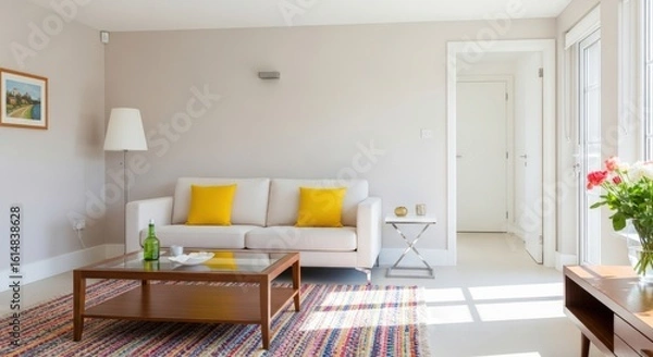 Fototapeta Bright Interior Featuring a Comfortable White Sofa with Yellow Pillows, a Wooden Coffee Table, and Natural Light Streaming Through the Windows