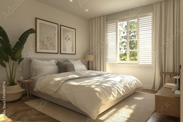 Fototapeta Scandinavian interior design for a spacious modern bedroom, Generative AI