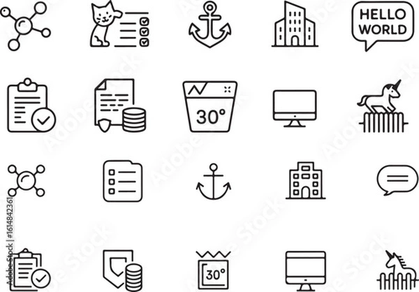 Fototapeta Diverse Black and White Icon Set Featuring Business, Animals, and Technology Related Concepts for Design and Illustration