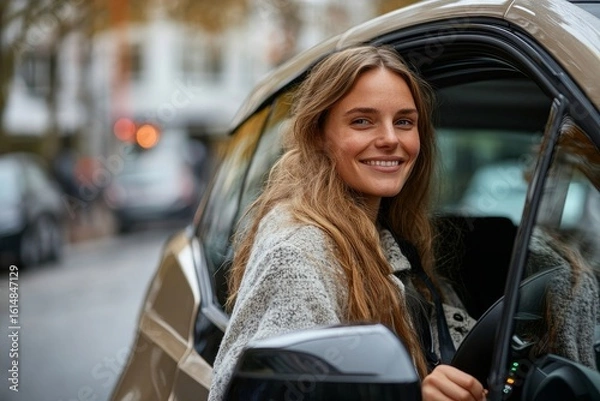 Fototapeta Smiling woman driving her new electric car, enjoying the benefits of sustainable transportation in an eco-friendly setting, Generative AI