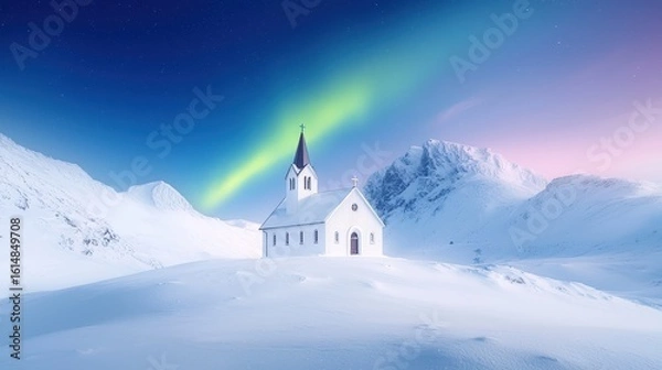Fototapeta A glowing aurora above a snow-covered church, symbolizing tranquility and faith,