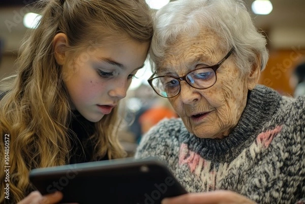 Fototapeta Grandmother and granddaughter interacting with a tablet, with the younger generation teaching the senior to use technology, fostering an intergenerational connection, Generative AI