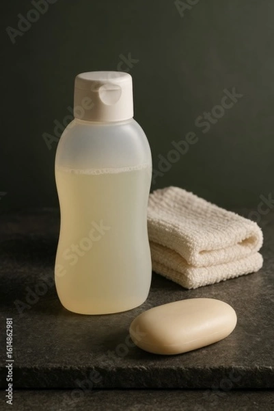 Obraz A close-up shot of a bottle of liquid soap, a bar of soap, and a folded towel arranged on a dark background, perfect for cosmetic and hygiene product themes.