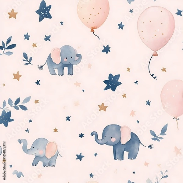 Obraz Baby elephants floating with balloons and stars in sky high resolution picture