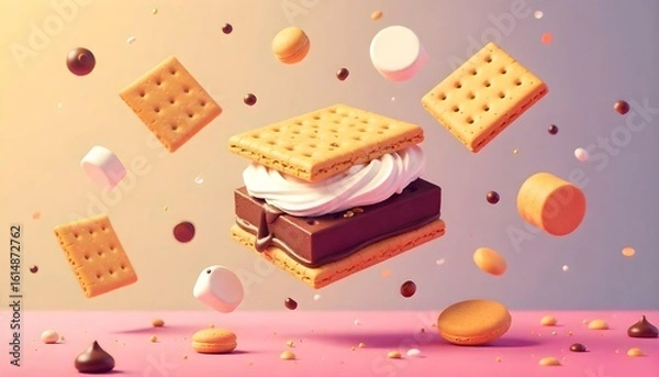 Obraz Cartoon vector illustration of a collection of deconstructed Smore dessert.