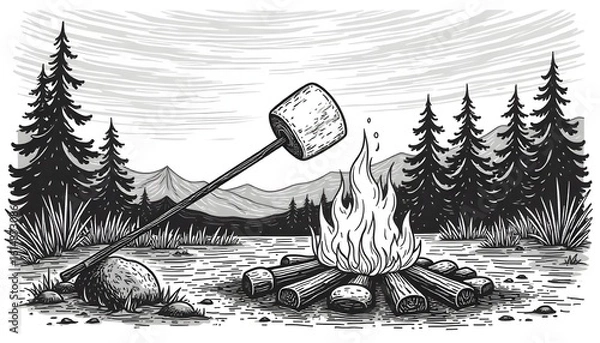 Obraz Hand drawn black and white marshmallow on a stick, roasting over a campfire at dusk. Vector illustration.