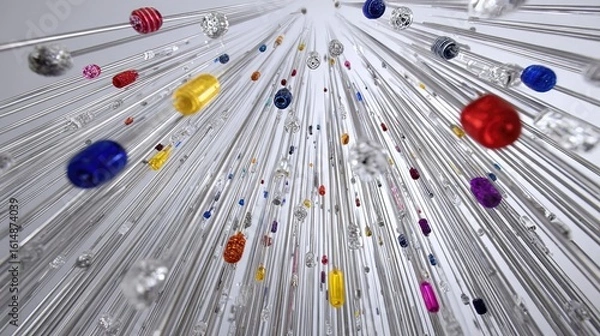 Fototapeta Colorful Glass Beads Suspended on Thin Rods with Sparkling Reflections in a Creative Artwork Composition