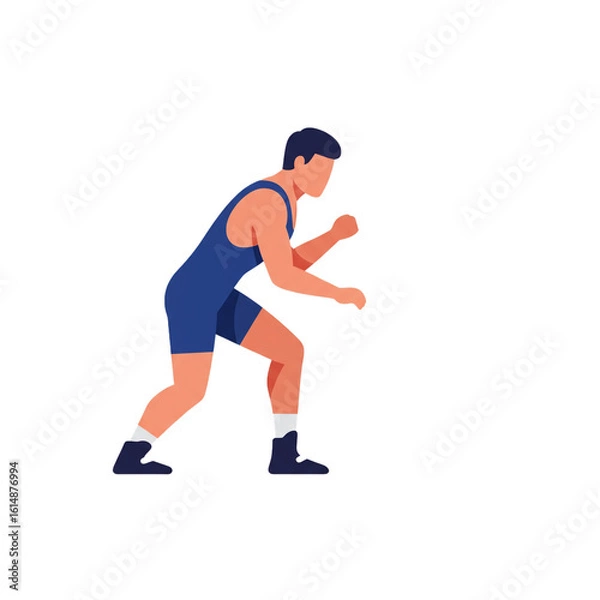 Fototapeta A dynamic male wrestler in a blue uniform takes a low stance, poised and ready for action on the mat.