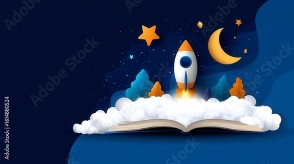 Obraz Open book and space elements. Planet rocket star cloud aerostat. Education concept for kids. Knowledge creativity discoveries. Design for educational motivational banner. Back