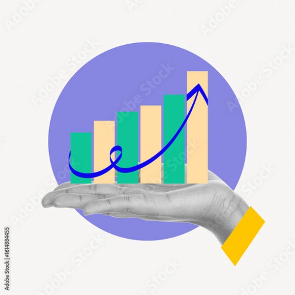 Fototapeta Business Development Visualized with a Hand Holding Upward Graph Indicating Continuous Success Modern photo collage style.