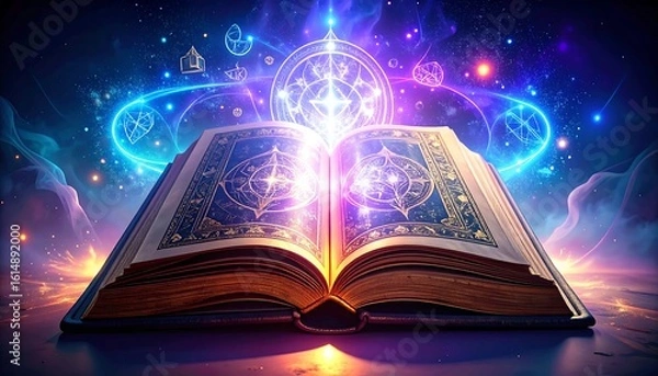 Fototapeta Glowing ancient book open, magical symbols and cosmic energy emanate