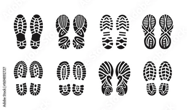 Fototapeta Shoe footprints, foot prints of sole and boot steps, vector silhouettes. Shoe footprint, boots imprints and barefoot footsteps,