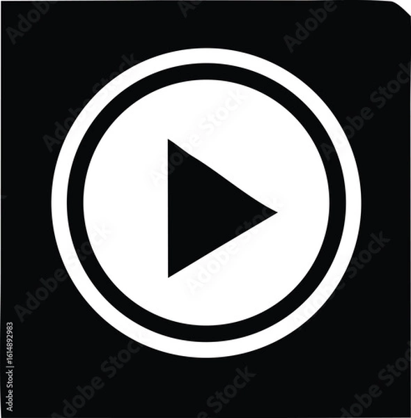 Fototapeta A stark black and white graphic features a prominent white circular play button with a bold black triangle inside signifying media playback