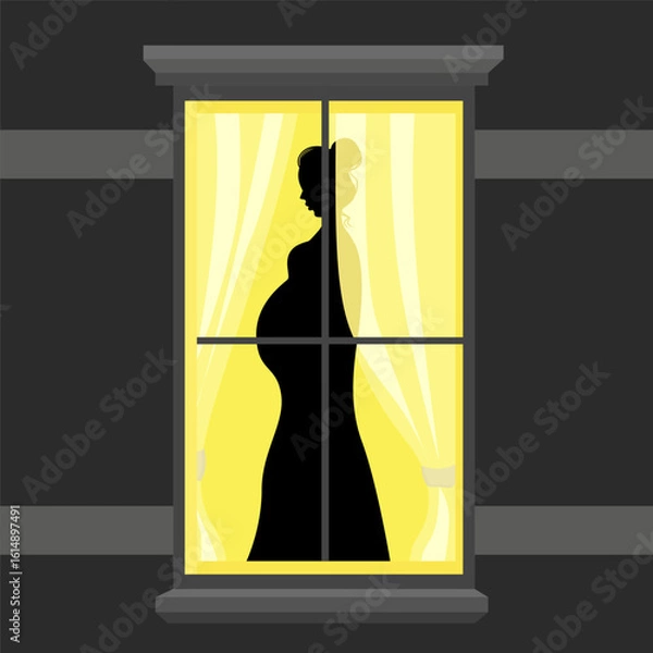 Fototapeta Silhouette of a pregnant girl in the window.Vector illustration.