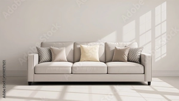 Fototapeta Modern light gray sofa with decorative pillows bathed in soft natural sunlight.