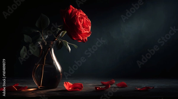 Obraz A cinematic, moody shot of a single, beautiful red rose, with a few of its petals having fallen onto the dark surface below it, symbolizing fading beauty or heartbreak.