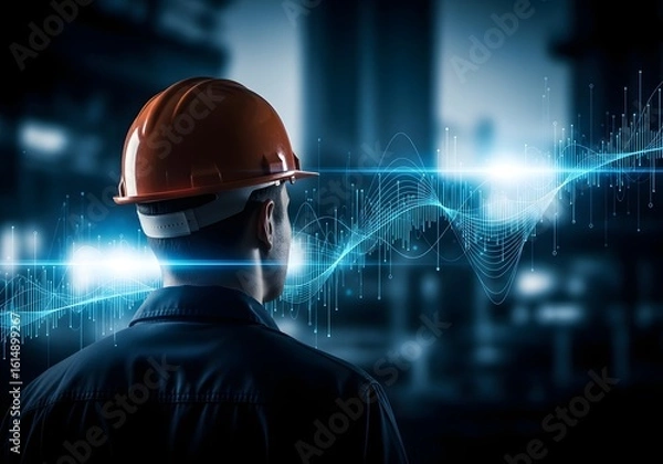 Obraz Man in hard hat observing digital data flow