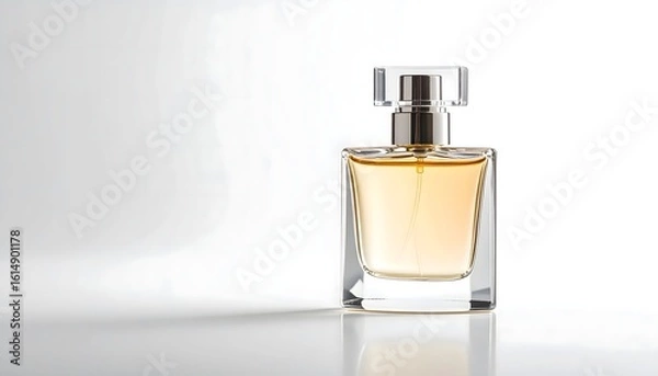 Fototapeta Elegant cream perfume bottle on white background, showcasing luxury and simplicity in a minimalist design.