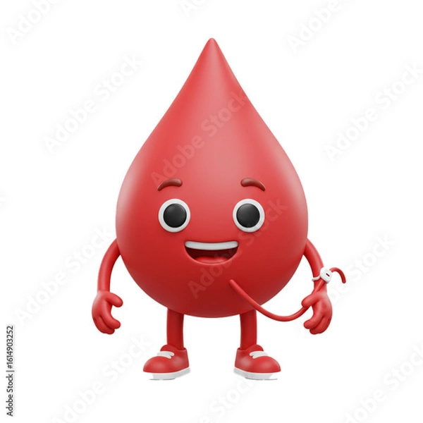 Fototapeta A cheerful animated blood droplet character with a friendly expression wearing sneakers and a watch ready for action.