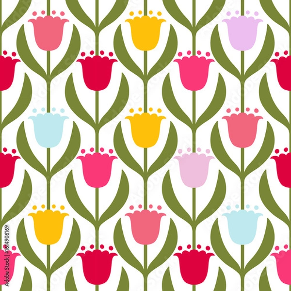 Fototapeta Multi-colored tulips, fabric pattern, this stem is green, flowers have spots. seamless, floral
