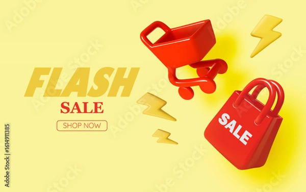 Fototapeta D Flash Sale Banner with Shopping Cart and Red Bag on Yellow Background