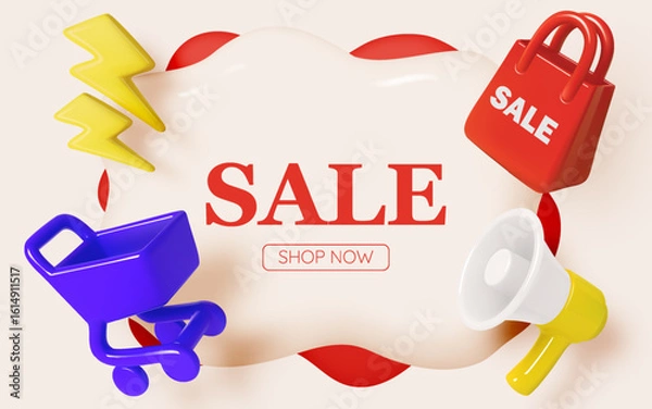 Fototapeta 3D Colorful Sale Banner with Shopping Cart, Bag, Lightning, and Megaphone Icons