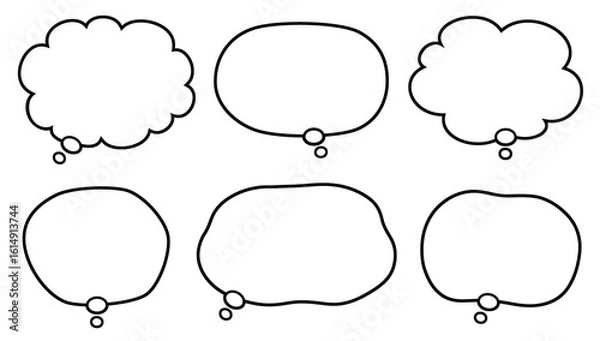 Obraz 考え　吹き出し　素材　セット　想像　考え事　思い　物思い　疑問　悩む　思う　もこもこ　ふわふわ　シンプル　雲形　Thought bubble icon set