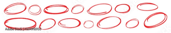 Obraz Red pen drawn marks, red circle set, highlight circle. Charcoal pen round ovals. Set of doodle ellipses. Scribble ovals, marker round elements isolated on a white background.	
