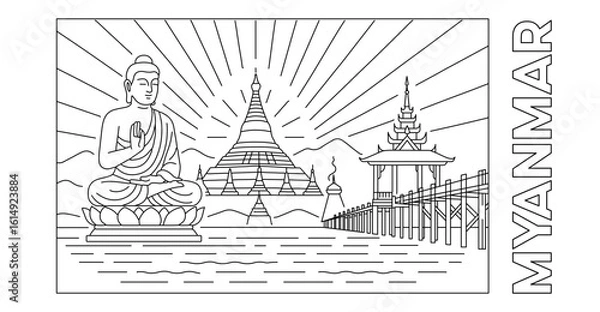 Fototapeta Myanmar line art illustration with Buddha statue, temples and pagodas