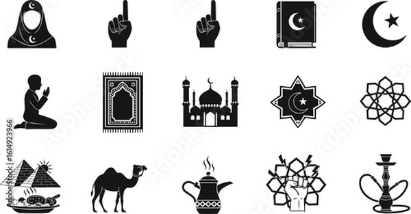 Fototapeta Collection of Islamic cultural icons, traditional symbols, religious elements, heritage artifacts and practices, cad drawing flat vector illustration