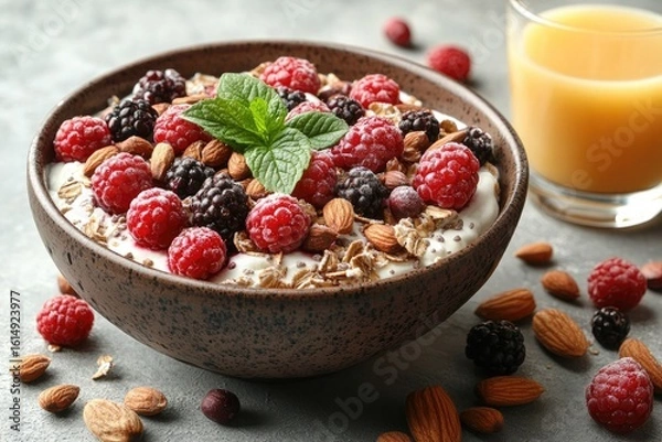 Fototapeta Yogurt bowl with fresh raspberries, blackberries, almond, and mint. Use this vibrant image to promote healthy breakfast recipe ideas.