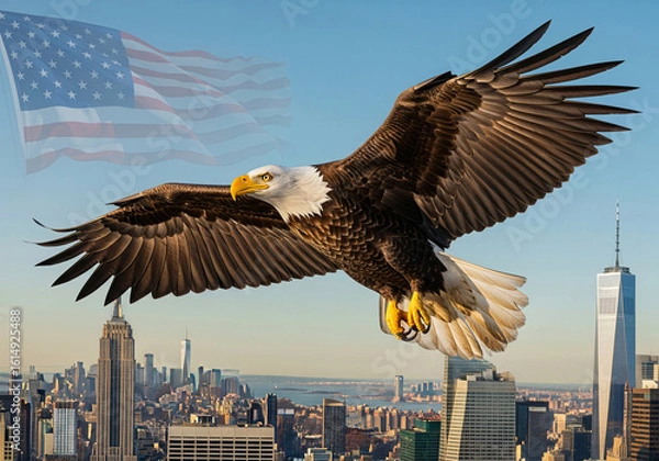 Obraz Majestic Bald Eagle Flying Over New York City Skyline with Faded American Flag. Generative Ai