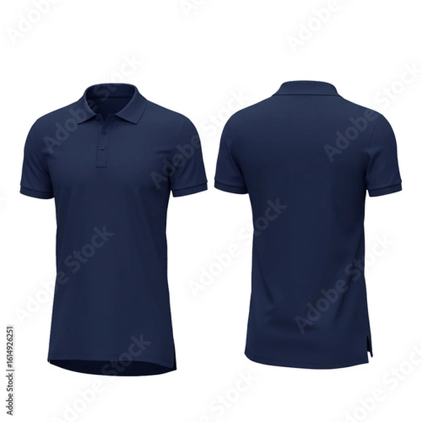 Fototapeta A navy blue polo shirt rendered in a realistic style showcasing the front and back views perfect for apparel design.