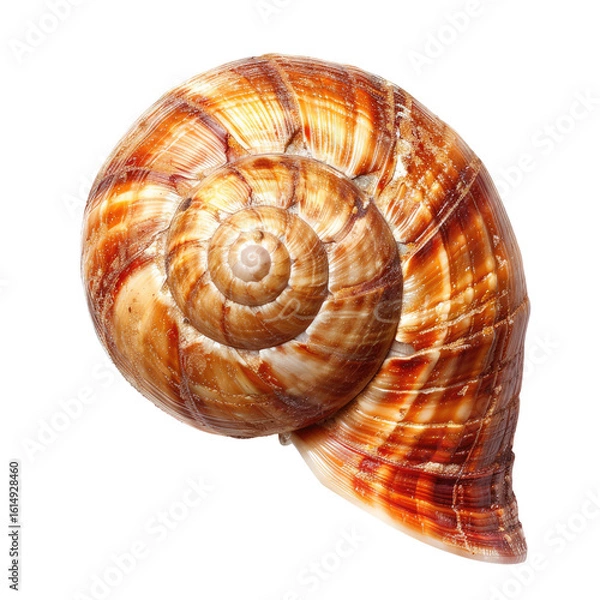 Fototapeta Close-up of a spiral snail shell, tan and brown stripes