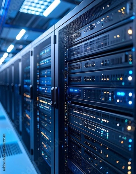 Fototapeta Cool blue-lit server racks in a data center