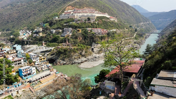 Fototapeta Confluence of Alaknanda and Bhagirathi Rivers at Sangam Point, Devprayag, Tehri Garhwal, Chamoli, Uttarakhand, India.