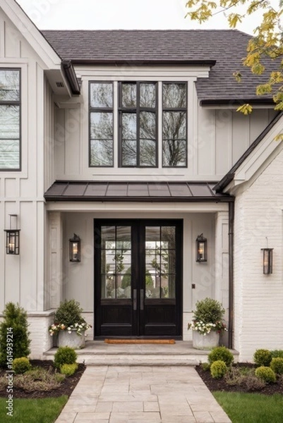 Fototapeta Elegant modern home entrance featuring stylish doors, lush landscaping, and contemporary design elements during a clear daytime setting in a suburban neighborhood