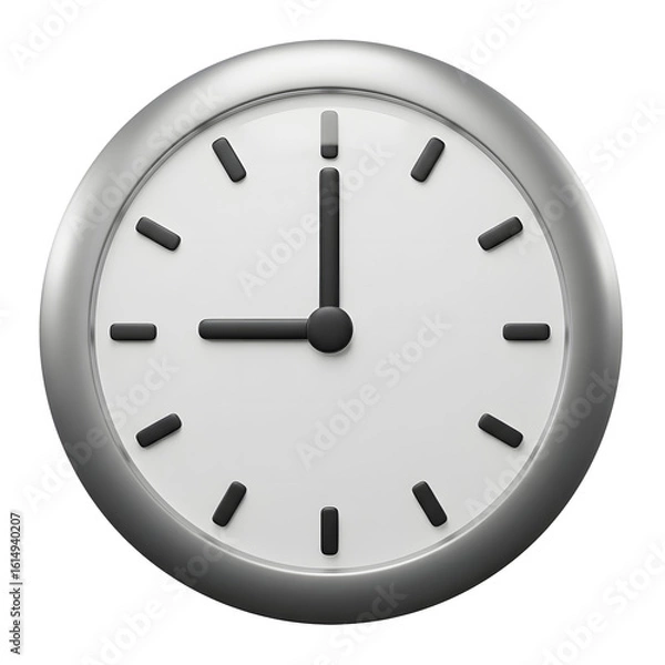 Fototapeta Transparent Background Silver Wall Clock, Glossy Metallic Frame with Black Hands, 3D Rendering