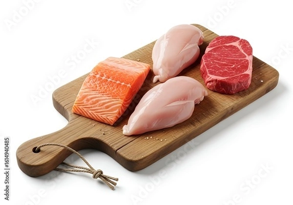 Obraz Fish mix, Raw Protein Selection on a Rustic Board.