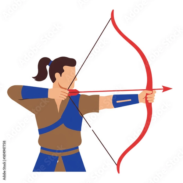 Fototapeta A focused archer in traditional attire skillfully aims an arrow with a powerful bow.