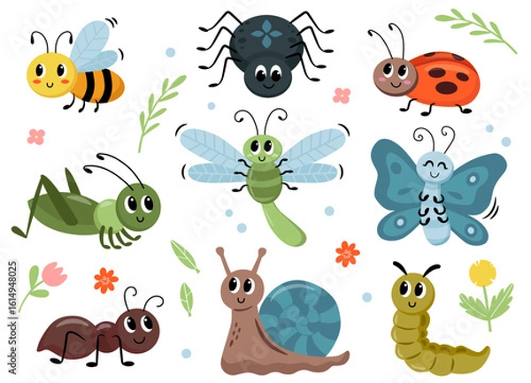 Fototapeta Cute insects set. Dragonfly, bee, butterfly, ladybug, ant, grasshopper, spider, caterpillar and snail. Cute bugs characters. Happy insects in kids style. Vector.