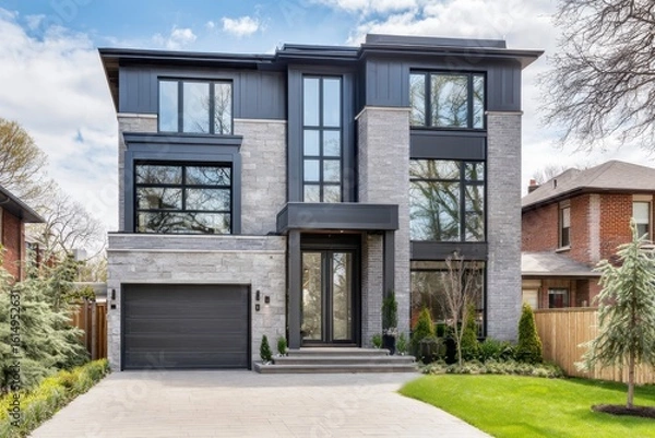 Fototapeta Modern architectural design of a two-story house featuring large windows, stone facade, and landscaped garden in a suburban neighborhood during daytime