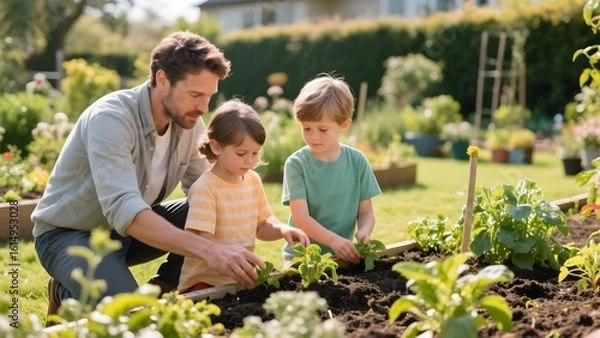 Fototapeta A father and two children planting vegetables in a sunny garden